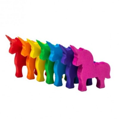 Set de unicorni din lemn colorati curcubeu